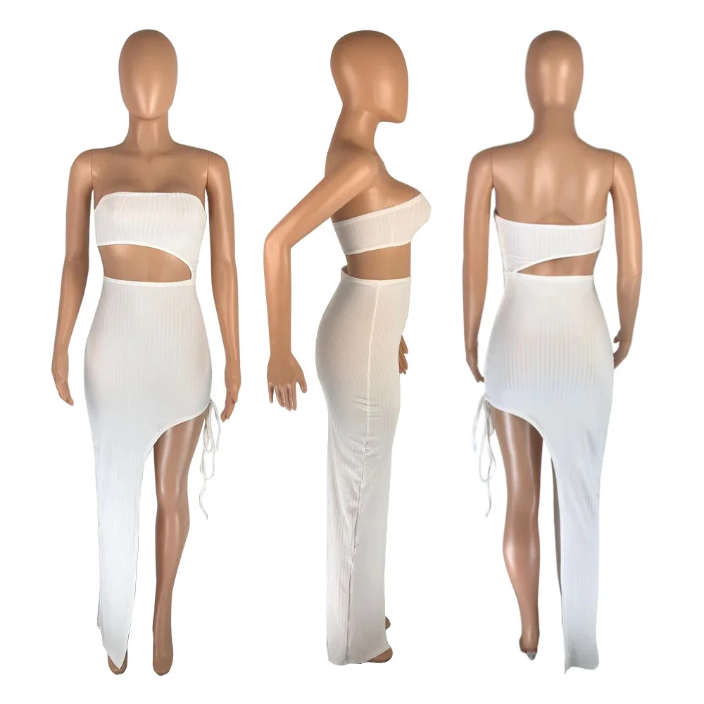 

Solid Color Side High Split Long Party Dress for Women Off The Shoulder Strapless Formal Dress Elegant Waist Band Cut Out Dress