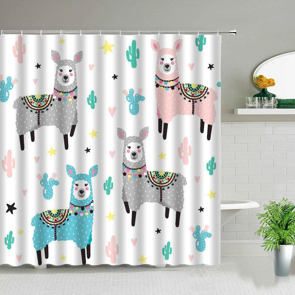 

Cartoon Animal Alpaca Cactus Flower Shower Curtains Floral Plant Bathroom Curtain Waterproof Fabric Child Bath Screen With Hooks
