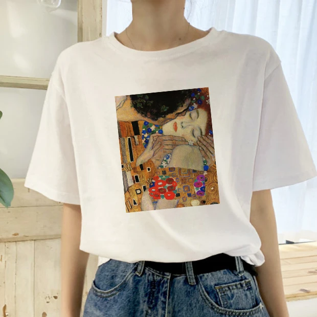 

Fashion lady t-shirt The Kiss by Gustav Klimt printing T-shirt summer new hooded Harajuku oversize loose women's casual top