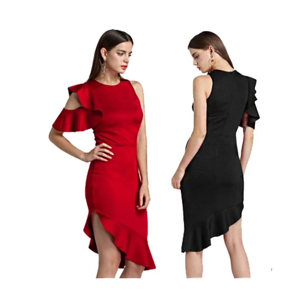 

Round Neck Ruffle Sleeves Dress Strapless Ruffle Dresses for Women Irregular Splicing Dresses Red Black Autumn aesthetic Dresses