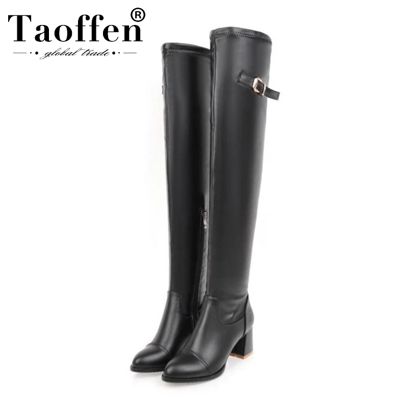 Taoffen/Большие размеры 34-45, г. Новое поступление, пикантные женские высокие сапоги офисная обувь на квадратном каблуке, на молнии, с пряжкой женские ботфорты