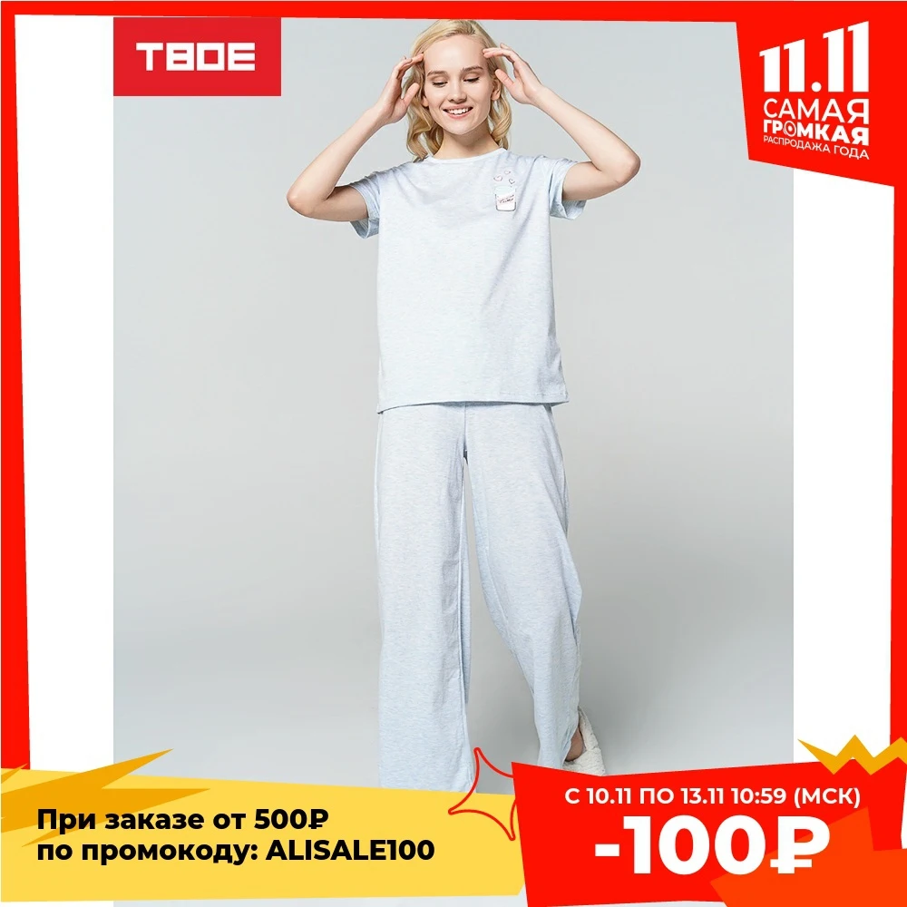 Пижама, голубой меланж, 49% Хлопок, 51% Полиэстер - Магазин ТВОЁ на Али