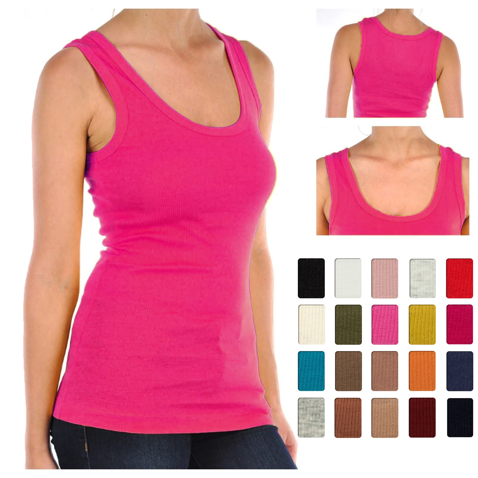 Women Cotton Ribbed Tank Top T-Shirt Sports Gym Fashion Casual Sleeveless Tee Plus Size Stretchy Blouse M30284