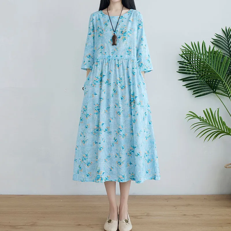 

Women's Summer Pastoral Style Dress Casual Skirt 2021 Retro Style Floral Loose And Comfortable Cotton Ladies One-line Long Dress
