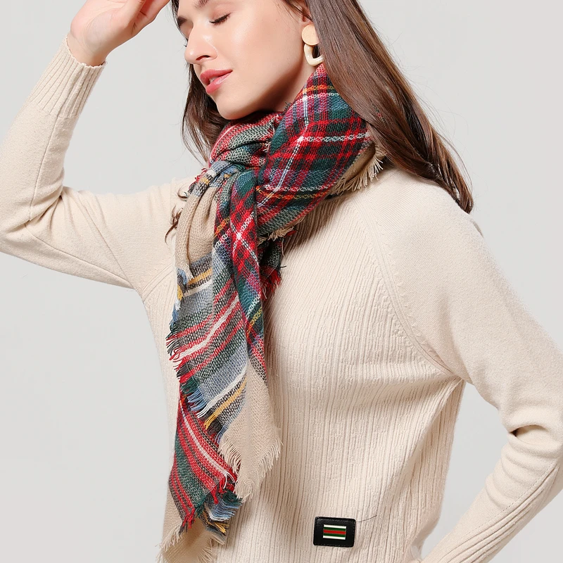 

2020 Fashion Winter Scarf for Women Plaid Knitted Triangle Scarves Cashmere Pashmina Lady Warm Blanket Shawls Wraps Neck Scarfs