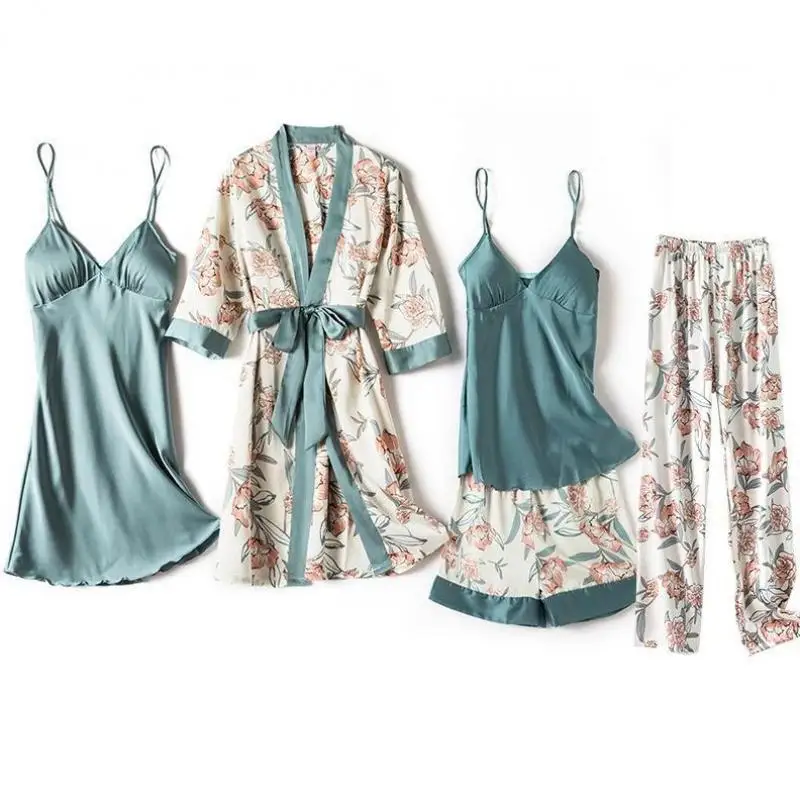 

Blue Sleep Set Intimate Lingerie Sexy Nighty&Robe Suit 2021 New Women Kimono Bathrobe Gown Satin Print Flower Sleepwear Homewear