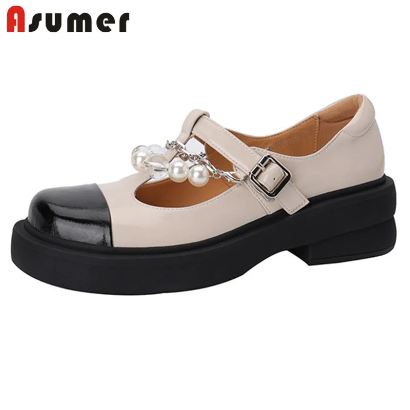 

Женские туфли мэри джейн ASUMER, натуральная кожа, пряжка с жемчугом, удобная повседневная обувь на плоской подошве, разные цвета