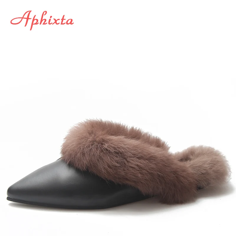 Шлепанцы Aphixta женские с острым носком меховые мюли пряжкой обувь из натурального