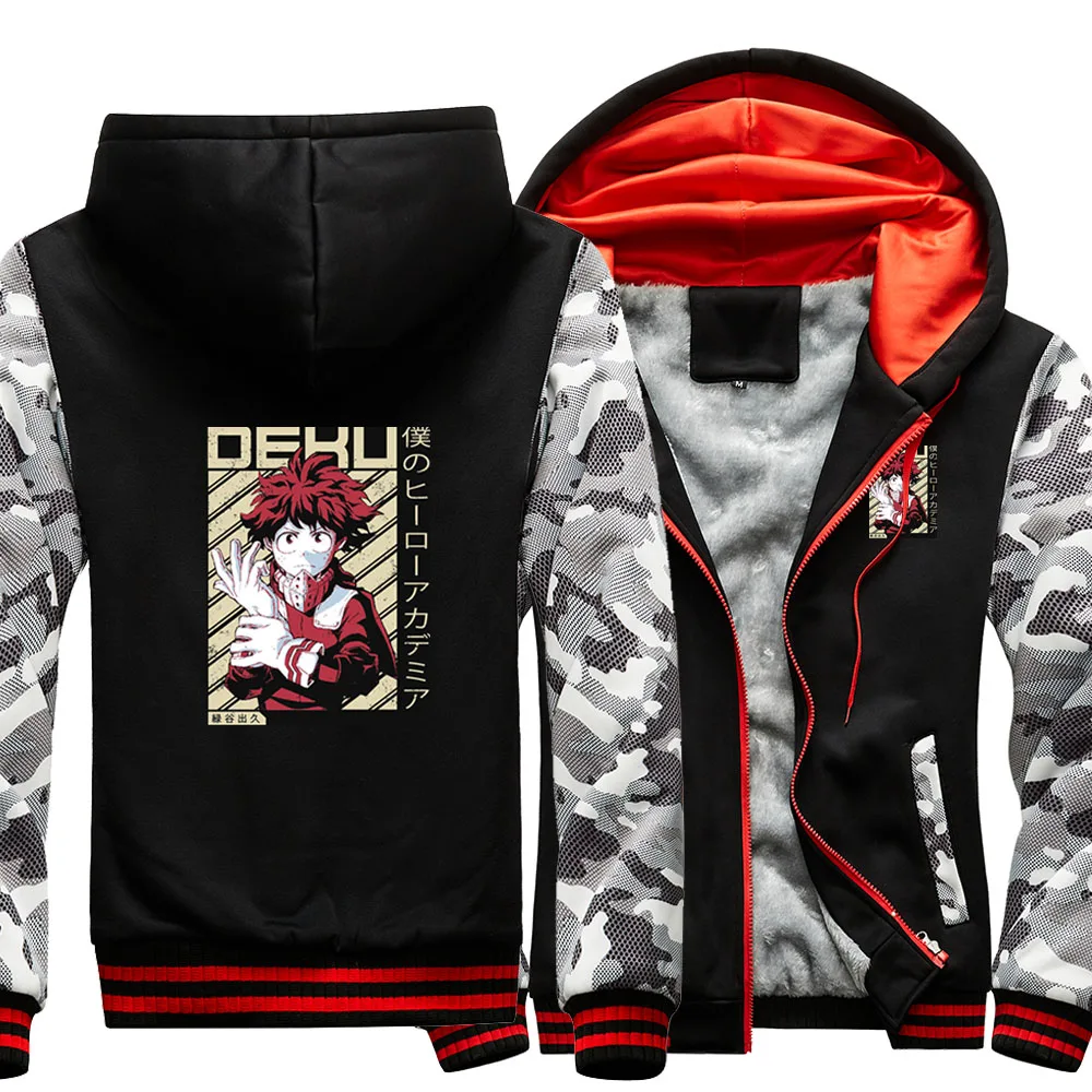 

Japanese Anime My Hero Academia Deku Midoriya Izuku Raglan Thick Hoodies Winter Warm Black Printed Sweatshirts Coat Men Jackets