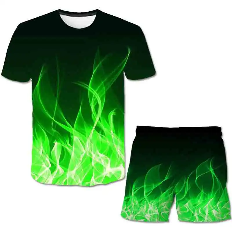 

2021 3d The Flame Whirlpool Polyester Boys Clothes Sets Boy Summer Hot Sale T Shirt Short Pants Set Clothing Kids 4-14 Year