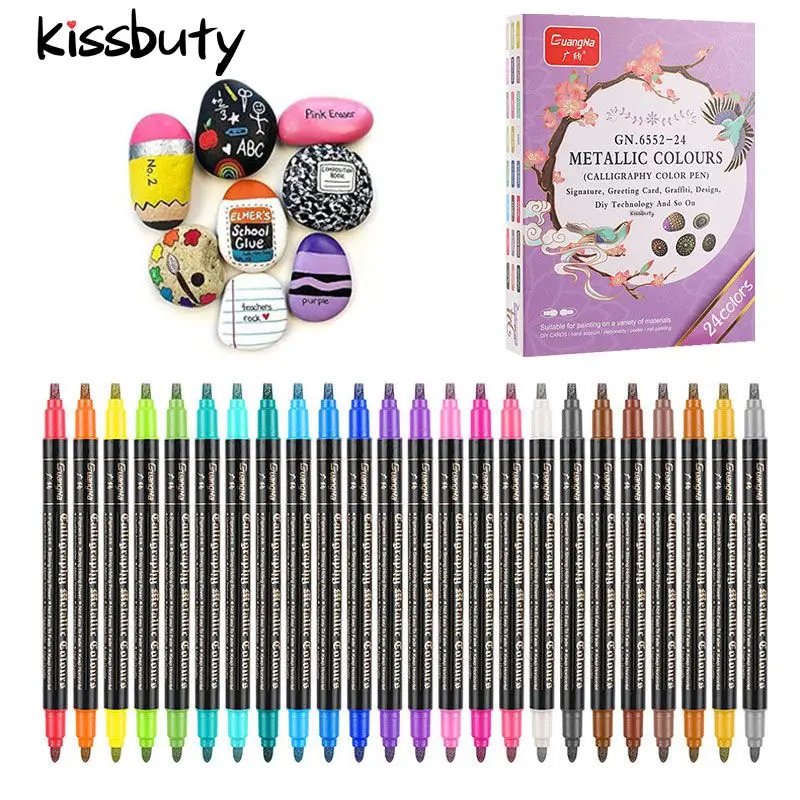 12/24 Colors Metallic Paint Markers Pens Round/Chisel Dual Tip Glitter Doodle Dazzle Drawing Pens for Easter Egg Stone Art Pen
