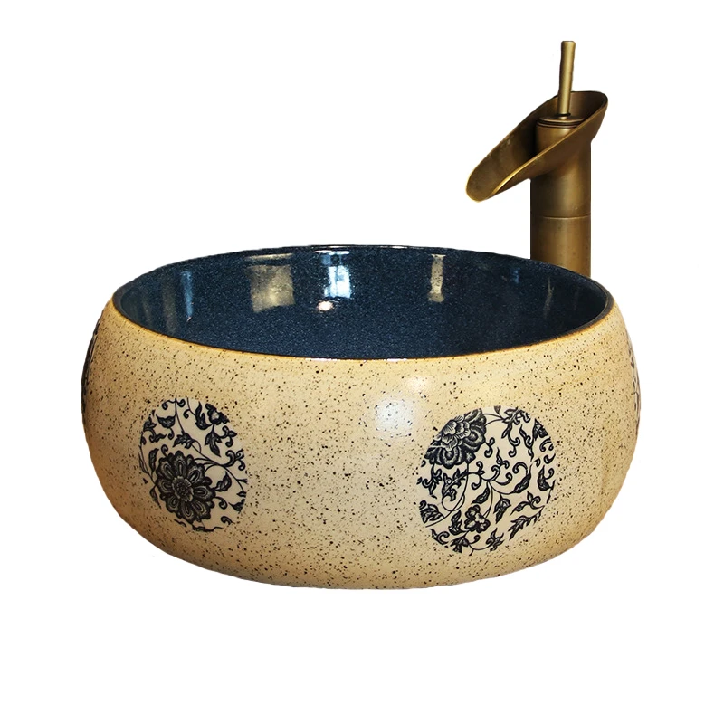 

JS-22008 Carving Art Ceramic Washbasin Bathroom Lavatory Sink Set Shampoo Basin Round Countertop Sink Faucet Matching Set Drain
