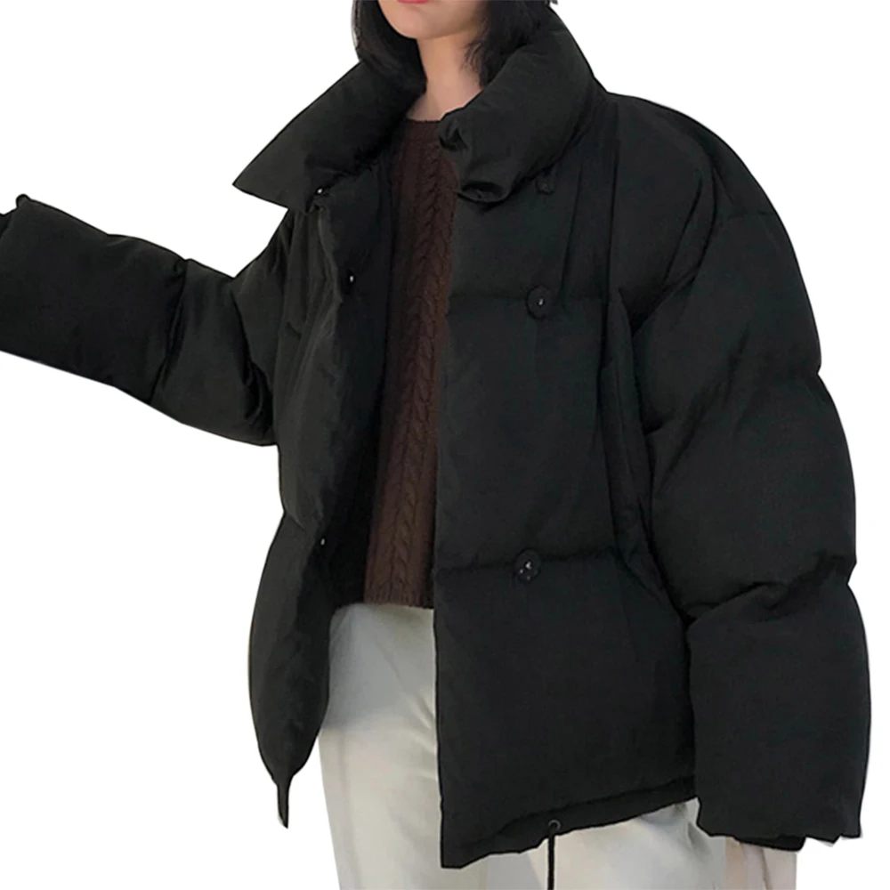 Black PUIMENTIUA Winter Warm Jacket Women Stand Collar Solid Black White Female Down Coat Loose Womens Plus Size Short Parka New - Цвет: Black