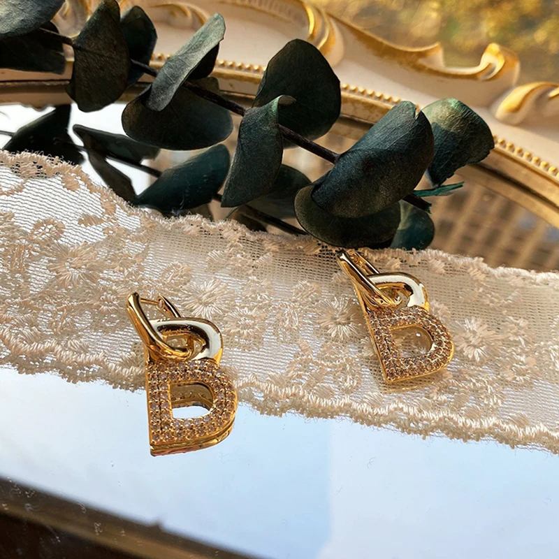 

Vintage Exquisite 14k Gold Jewelry Real Gold Letter Earrings for Women Luxury AAA Zircon Stud S925 Silver Needle Gift Ins Hot