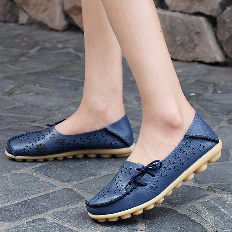 912-2navy blue Весенняя женская обувь на плоской подошве женская обувь из натуральной кожи на плоской подошве женские Балетки без застежки с вырезами, лоферы на плоской подошве, большие размеры 34-44 - Цвет: 912-2navy blue
