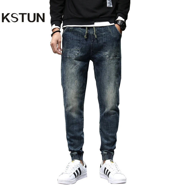 Мужские зауженные джинсы на шнуровке синие повседневные брюки-султанки с