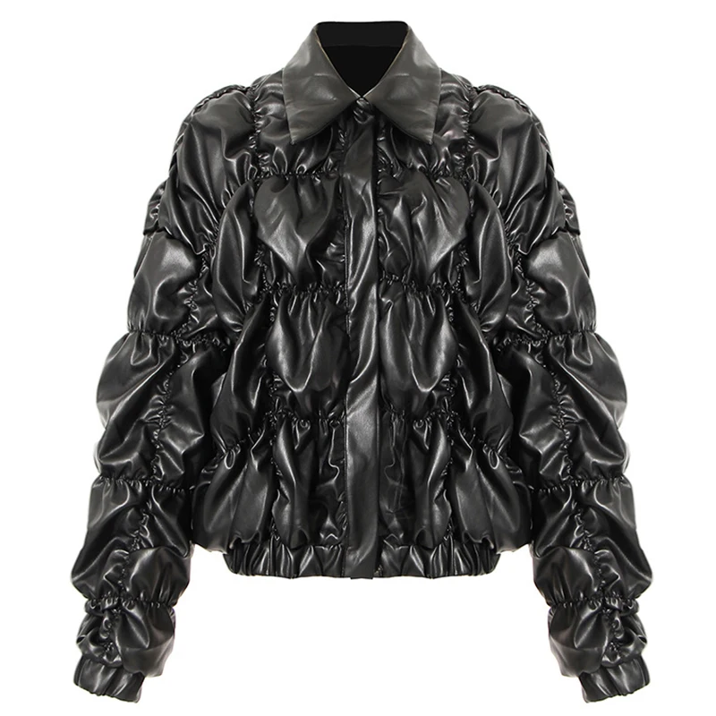 Women Black Winter Leather Jacket Thick Warm Ruched High Street Jacket Coat