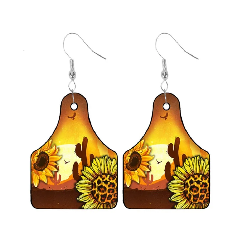 

Western Jewelry Sunflower Aqua Mustard Cow Tag Leather Earrings for Women Fashion Trendy Jewelry Gift for Cowgirl