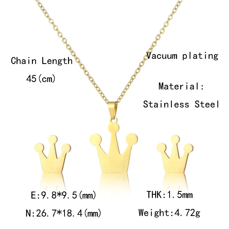 

304 Stainless Steel Golden Jewelry Fashion Chain Necklace Simple Crown Pendant Earrings Sets Woman's Clothes With Gifts TZ159