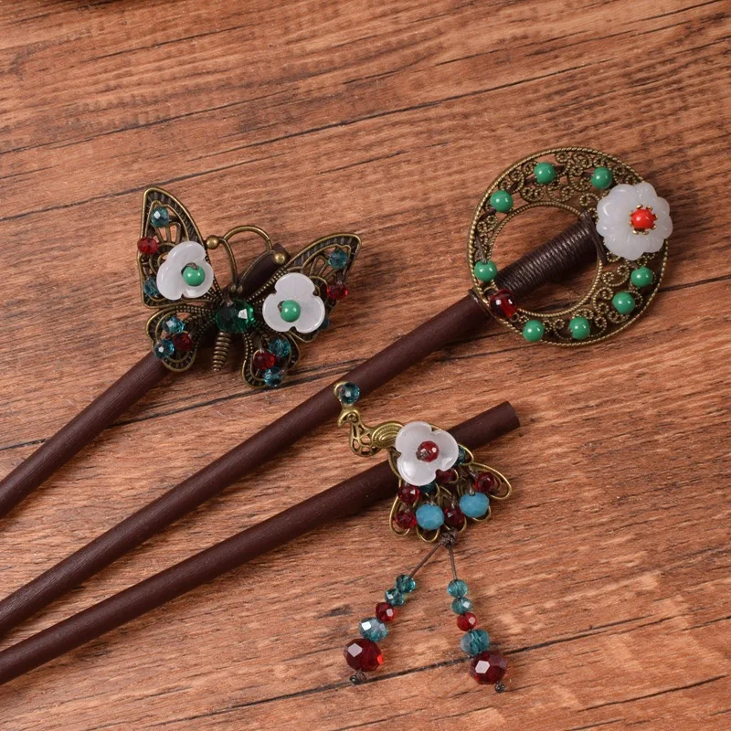 Copper Alloy Butterfly Peacock Vintage Hair Stick High Quality Exquisite Lampwork Synthetic Flower Hair Jewelry