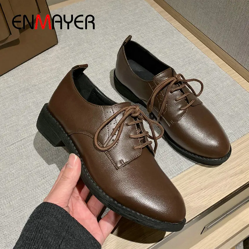 

ENMAYER 2020 Casual Lace-Up Round Toe Wedding Shoes Fashion Square Heel Basic PU Classics Spring/Autumn Womens Shoes Size 34-41