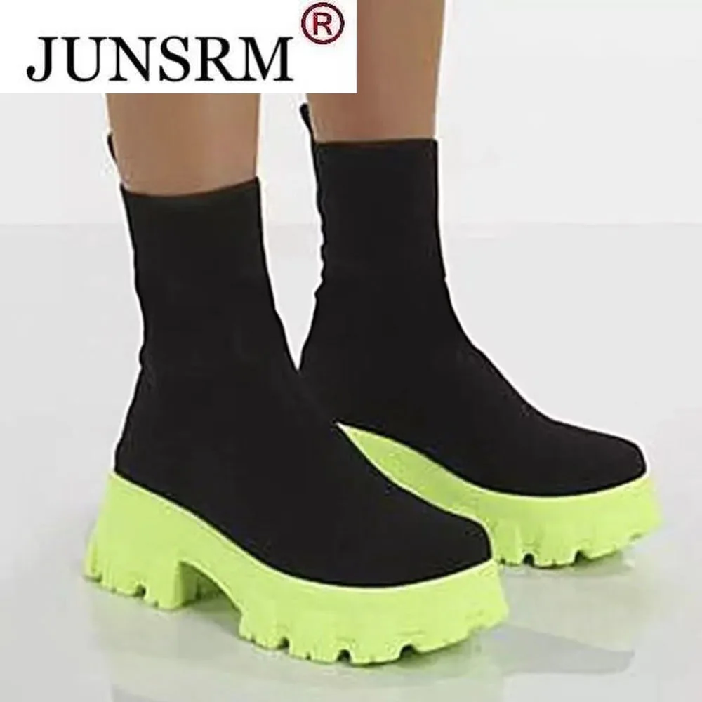 

Women's High Boots 2022 Autumn Fashion Knitted Fabric Ladies Slip On Comfy Platform Shoes 35-43 Large-Sized Female Ankle Boots
