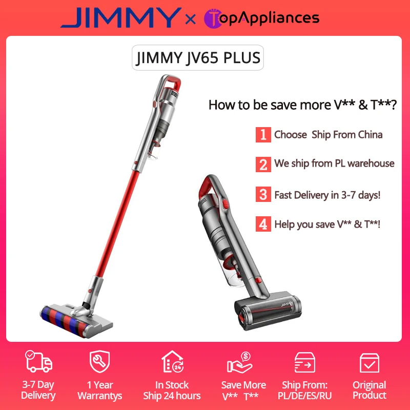 

JIMMY JV65 Plus Cordless Handheld Vacuum Cleaner 2 in1 Vacuum Mop with 145AW Suction 500W Digital Brushless Motor 70Min Use Time