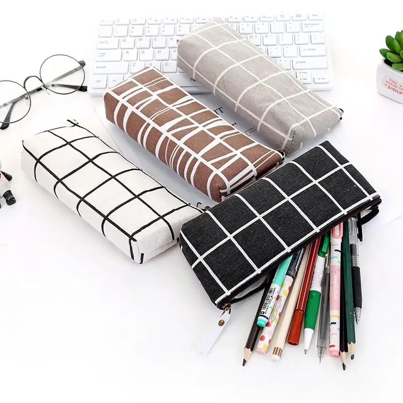 

Canvas Geometric Pencil Bag Case School Simple Striped Grid Solid Color Cute Pencil Bag Case Pouch Office Students free shipping