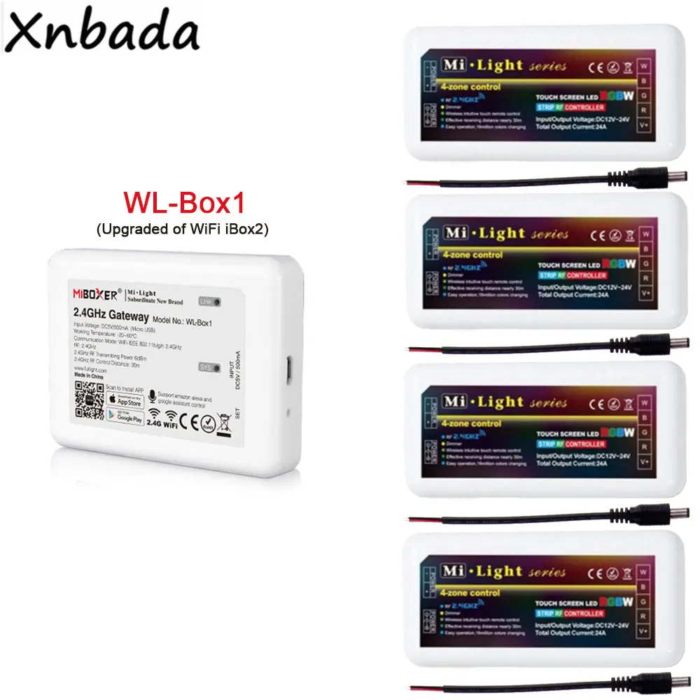 

Milight WL-Box1 Work With Alexa Google Assistant Led Controller MiBoxer 2.4G RGBW Led Controller For RGB RGBW Led Strip DC12-24V