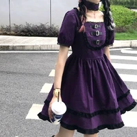 japanese harajuku gothic lolita dress summer girls sexy party purple plaid buttons square collar lace ruffles women mini dresses