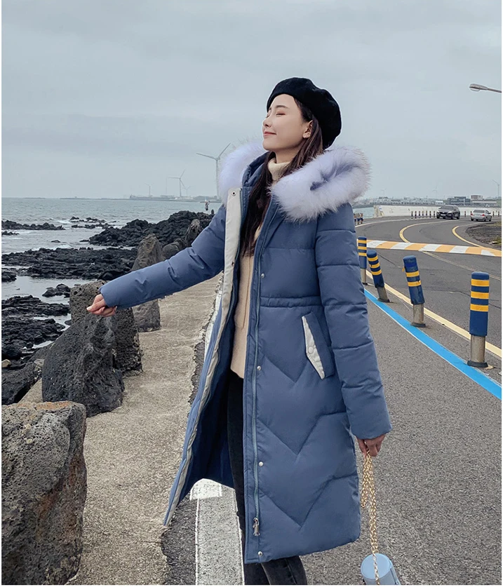 Fog Blue Ins Winter New Women's Hooded Down Parka Long Jacket Casual Big Fur Zipper Full Sleeve Korean Style Thick Coat C90802K - Цвет: Fog Blue