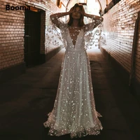 booma starry lace boho wedding dresses deep v neck backless bohemian bride dresses sheer long sleeves a line tulle wedding gowns