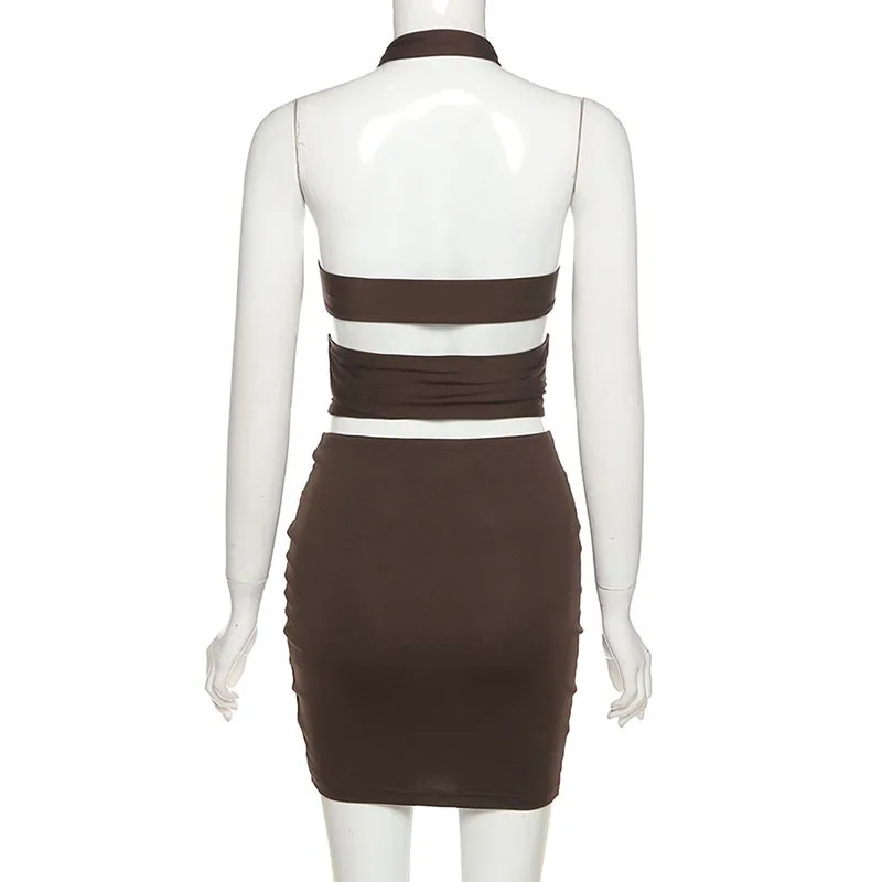 

Two Piece Halter Bodycon Dress Women Cut Out Night Club Outfits Party Short Mini Dresses Sexy Backless Brown Vestidos