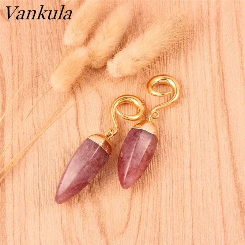 Vankula 2pcs 316L Stainless Steel Ear Plug Tunnels Purplish Red Body Piercing Ear Gauges Expander Natural Stone Ear Weights