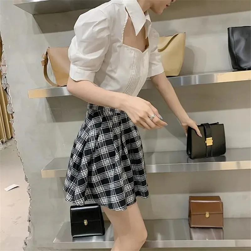 

Women Shirts and Blouses Korean Fashion Summe Puff Sleeve Solid White Turn-down Collar Crop Top