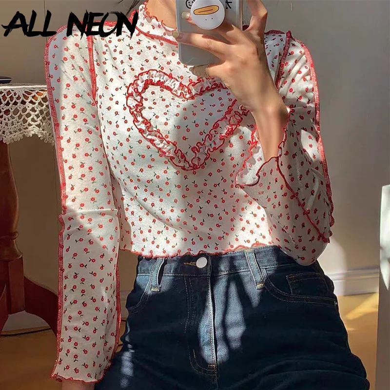 

ALLNeon E-girl Aesthetics Floral Stitching Heart Cropped Tops 2000s Fashion Ruffles Long Sleeve T-shirts Sweet Vintage Outfits