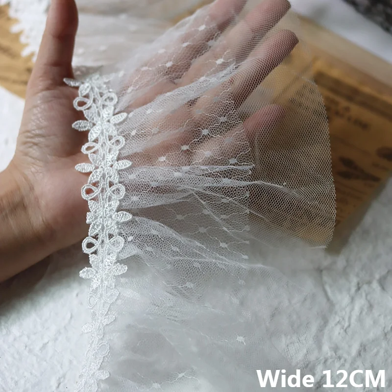 

12CM Wide Double Layers Tulle White Pleated Mesh 3d Flowers Fabric Embroidered Ribbon Wedding Dresses Fringe Trim Sewing Decor