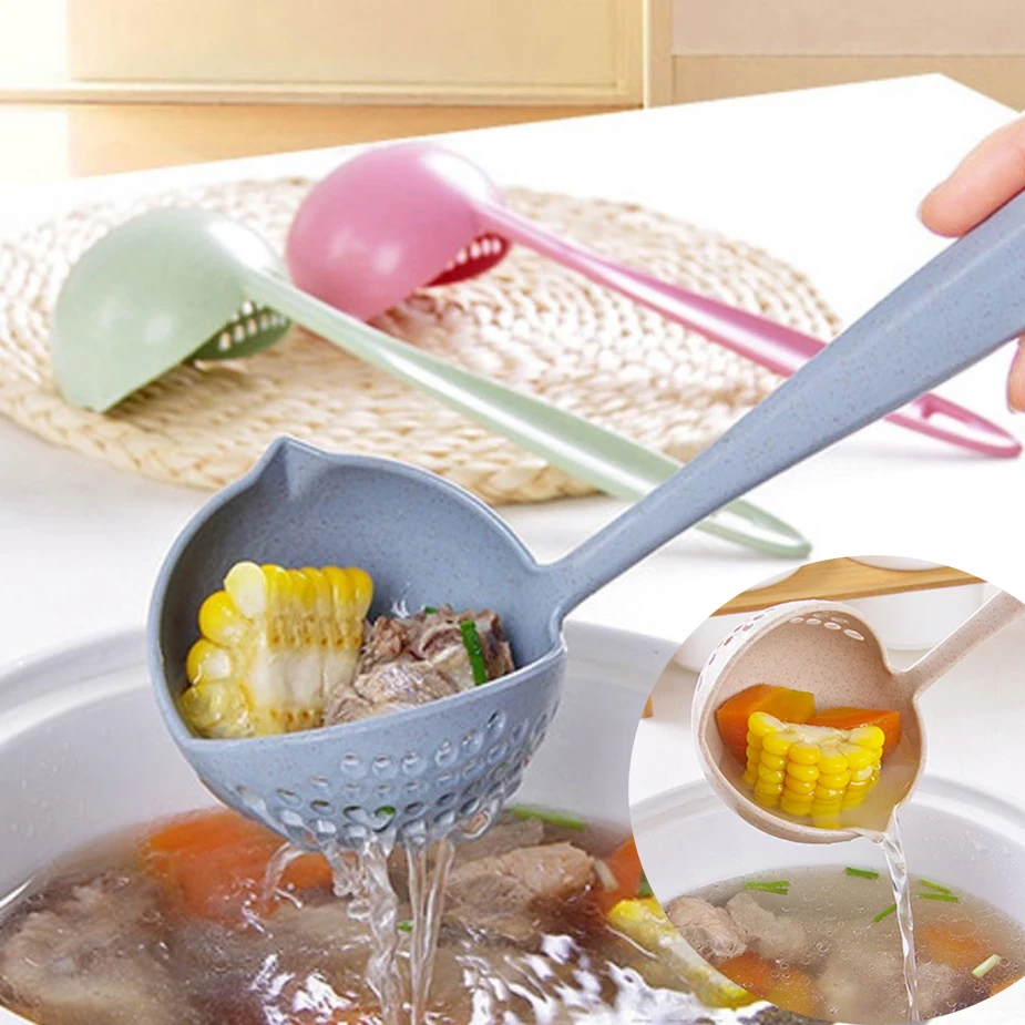 

2 In 1 Soup Spoon Long Handle Kitchen Strainer Solid Color Cooking Colander Kitchen Scoop Plastic Tableware Colander Wheat Straw
