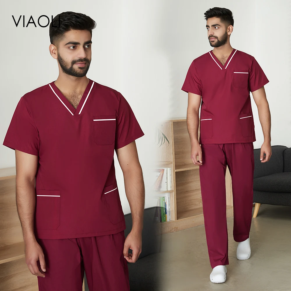 

Men's Red Suit Comfortable Scrubs Medical Uniform Dental Clinic Doctor Work Short Sleeve Clinical Operating Room Surgical Gown