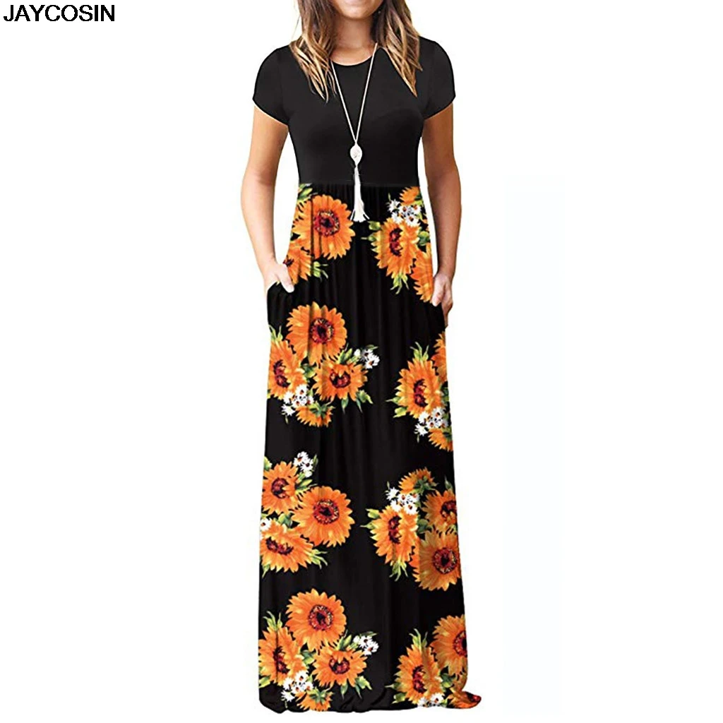 Женское длинное платье с круглым вырезом принтом и рукавом|Женские платья| |