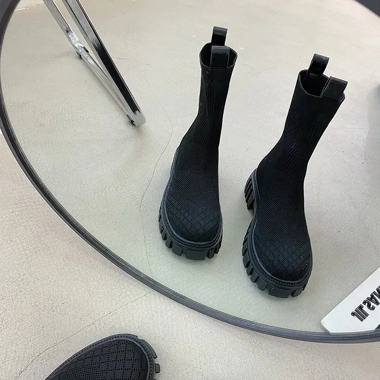 

Женские вязаные ботинки-носки на платформе, эластичные сетчатые Утепленные ботинки на низком каблуке, винтажная Удобная зимняя обувь для о...