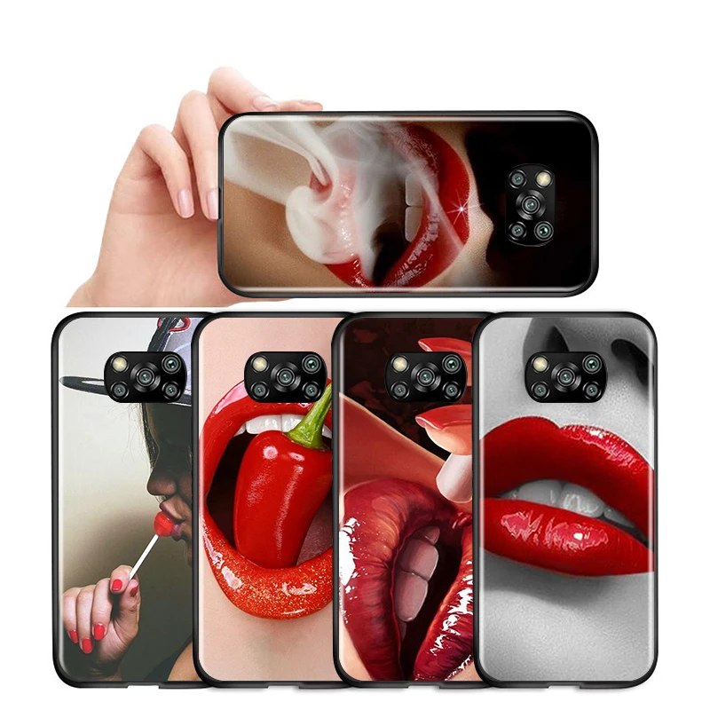 Black Cover Beauty Red Lips for Xiaomi Mi Mix 3 A3 A2 A1 Poco M3 M2 C3 X3 X2 NFC F2 F1 CC9 CC9E Pro Phone Case