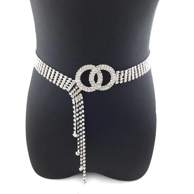 

Fashion Women's Tassel Dress Belt Female Sparkle 5 Rows Crystal Diamond Waist Chain Belt Corset Elegant Ladies Punk Waistband