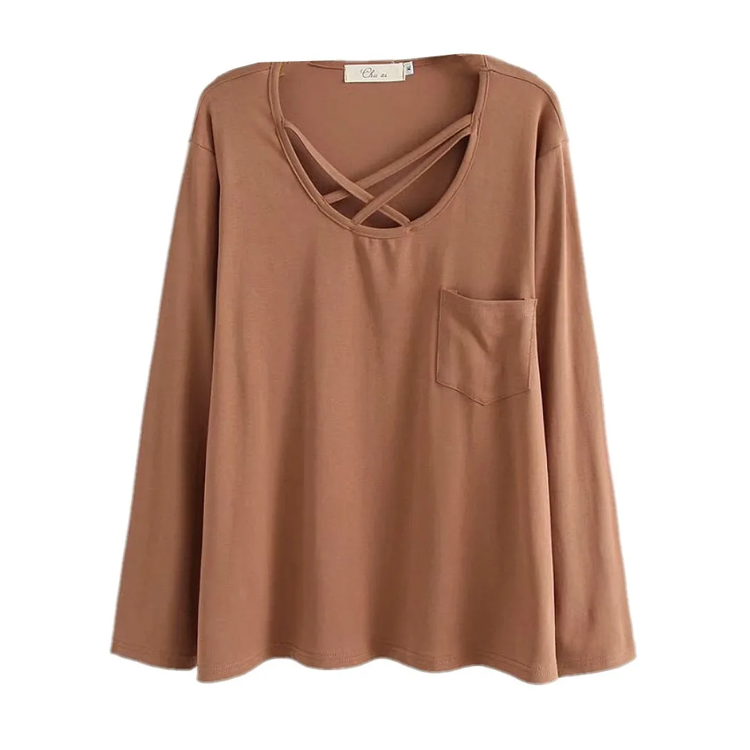 Женская футболка с длинным рукавом весна 2020 вырез крестиком свободные топы