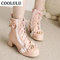 coolulu bow ankle boots lolita shoes chunky high heel lace up winter booties shoes platform sweet kawaii boots for ladies shoes