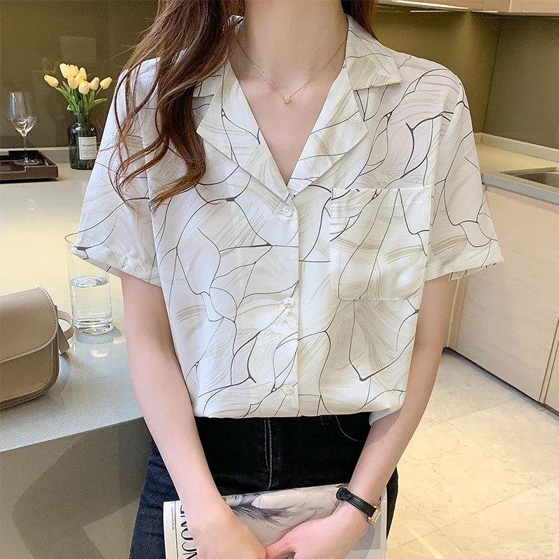 

Summer Korean Fashion Chiffon Woman Shirts Office Lady Button Up Shirt Plus Size XXL Shirts for Teenage Girls Summer Shirts