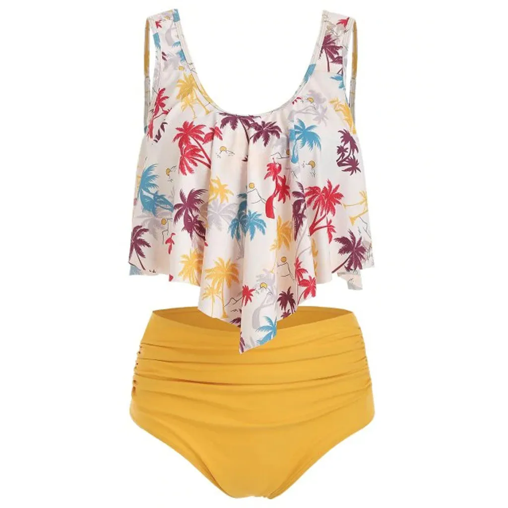 Новый купальный костюм для женщин с пуш-ап рюшами и винтажным принтом дерева