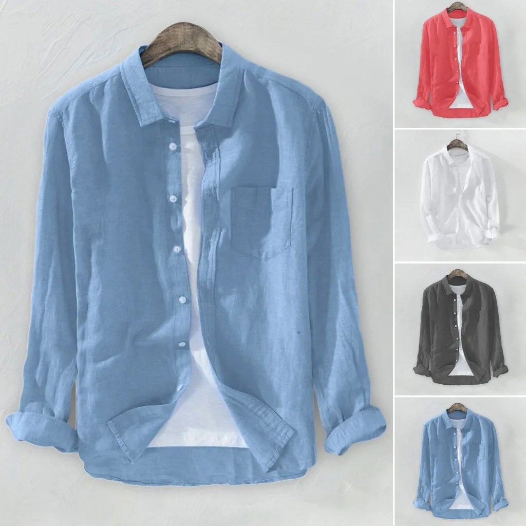 

2021 Summer Plus Size Men's Baggy Solid Cotton Linen Long Sleeve Button Pocket Shirts M-3XL camisa masculina camisas hombre