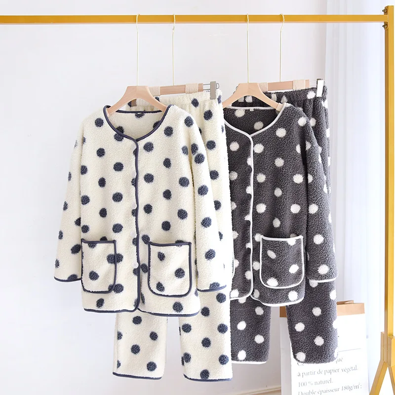 Fdfklak Коралловая флисовая утепленная Милая женская домашняя одежда в горошек