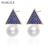 maikale luxury bluepurple zirconia triangle stud earrings with pearls hypoallergenic earrings for women exquisite jewelry gifts